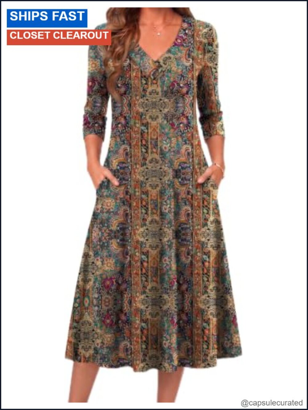 Long Sleeve Midi A-Line Dress for Women Casual Fall V-Neck Pull On